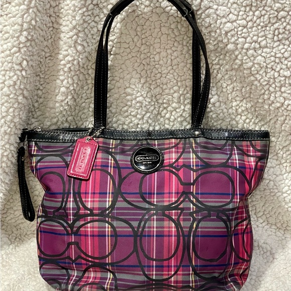 Coach F15464 Poppy Tartan Plaid Glamour Glitter Tote Bag Purse Pink Purple - Picture 1 of 8